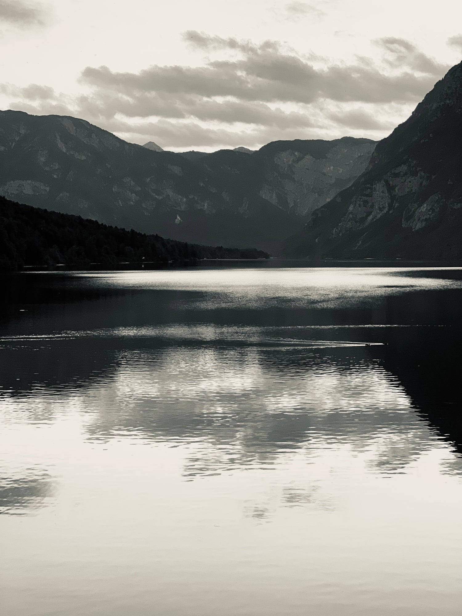 Schwarz-Weiß-Bild eines Sees als Hintergrundbild für den Text